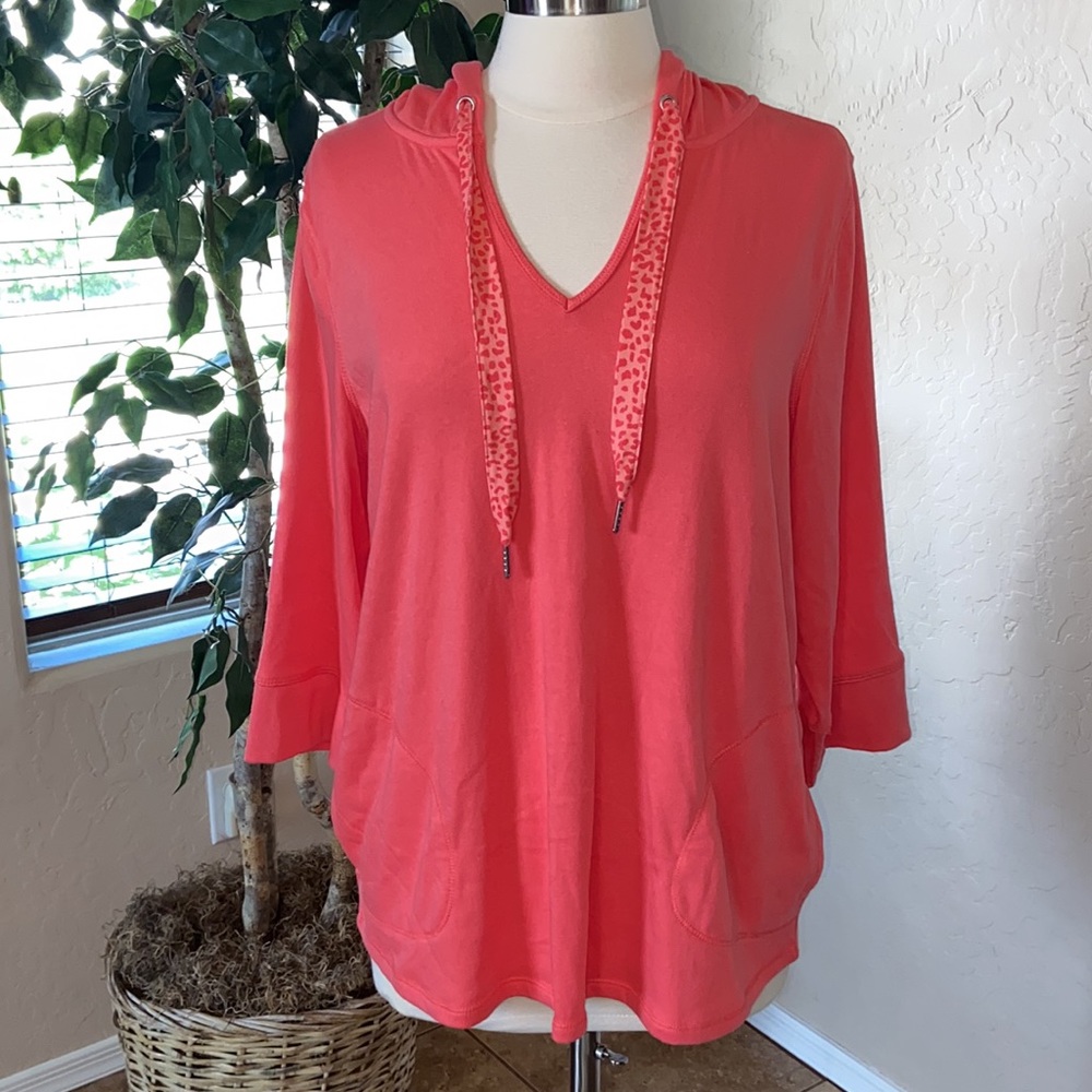 Belle by Kim Gravel Coral Pink V-Neck Hooded Pullover